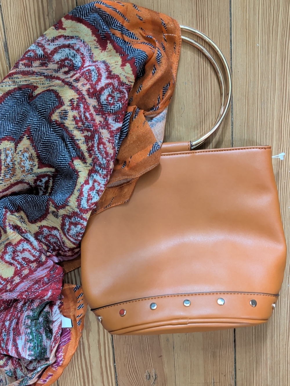 Tan Faux Leather Ring-Handle Tote Bag